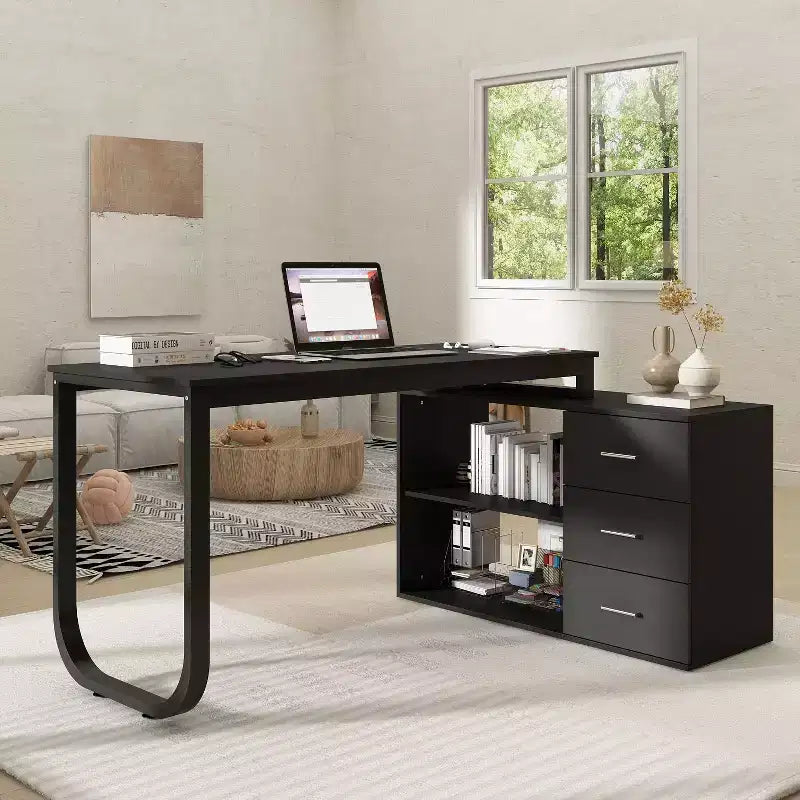 Bureau d'ordinateur à piédestal unique : poste de travail modulaire avec organiseur à 3 tiroirs, étagère ouverte et rangement réglable Bureau d'ordinateur pour la maison