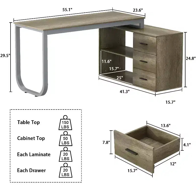 Bureau d'ordinateur à piédestal unique : poste de travail modulaire avec organiseur à 3 tiroirs, étagère ouverte et rangement réglable Bureau d'ordinateur pour la maison
