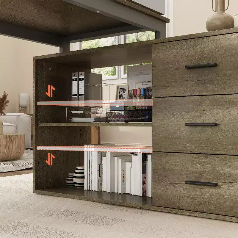 Bureau d'ordinateur à piédestal unique : poste de travail modulaire avec organiseur à 3 tiroirs, étagère ouverte et rangement réglable Bureau d'ordinateur pour la maison