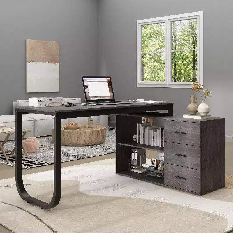 Bureau d'ordinateur à piédestal unique : poste de travail modulaire avec organiseur à 3 tiroirs, étagère ouverte et rangement réglable Bureau d'ordinateur pour la maison