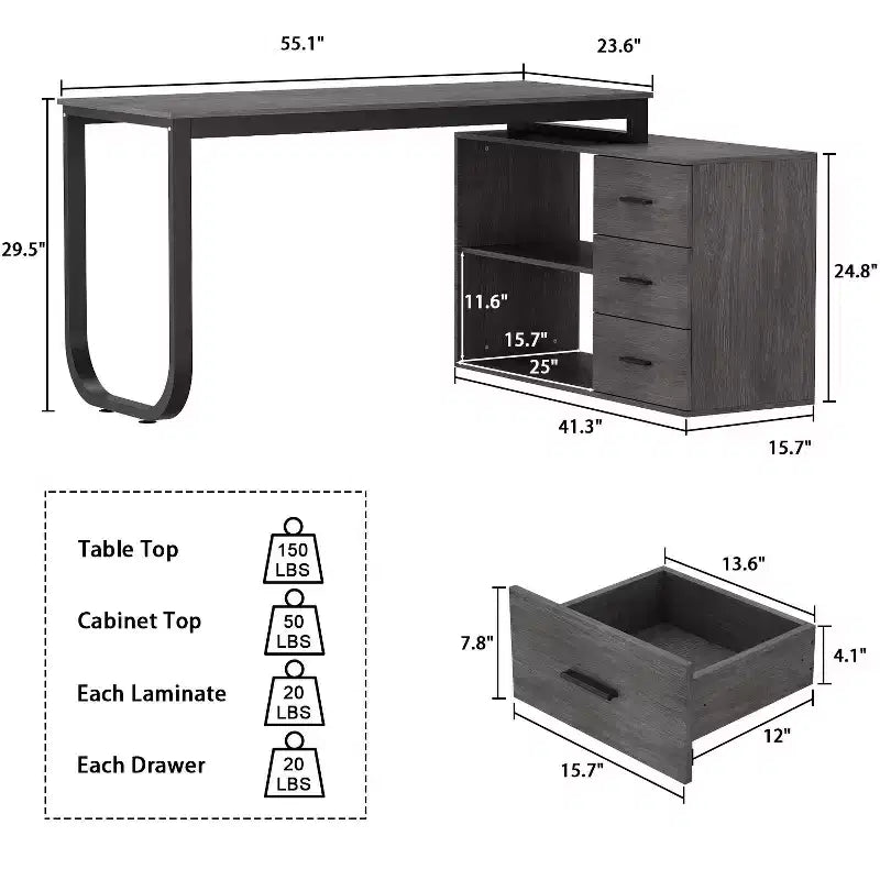 Bureau d'ordinateur à piédestal unique : poste de travail modulaire avec organiseur à 3 tiroirs, étagère ouverte et rangement réglable Bureau d'ordinateur pour la maison