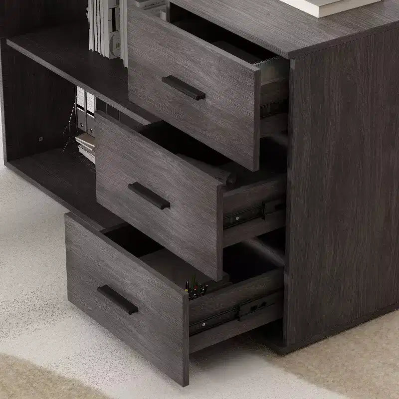 Bureau d'ordinateur à piédestal unique : poste de travail modulaire avec organiseur à 3 tiroirs, étagère ouverte et rangement réglable Bureau d'ordinateur pour la maison