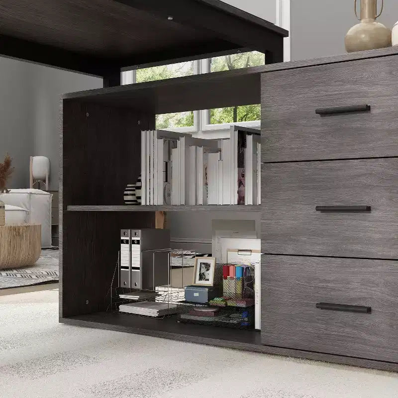 Bureau d'ordinateur à piédestal unique : poste de travail modulaire avec organiseur à 3 tiroirs, étagère ouverte et rangement réglable Bureau d'ordinateur pour la maison
