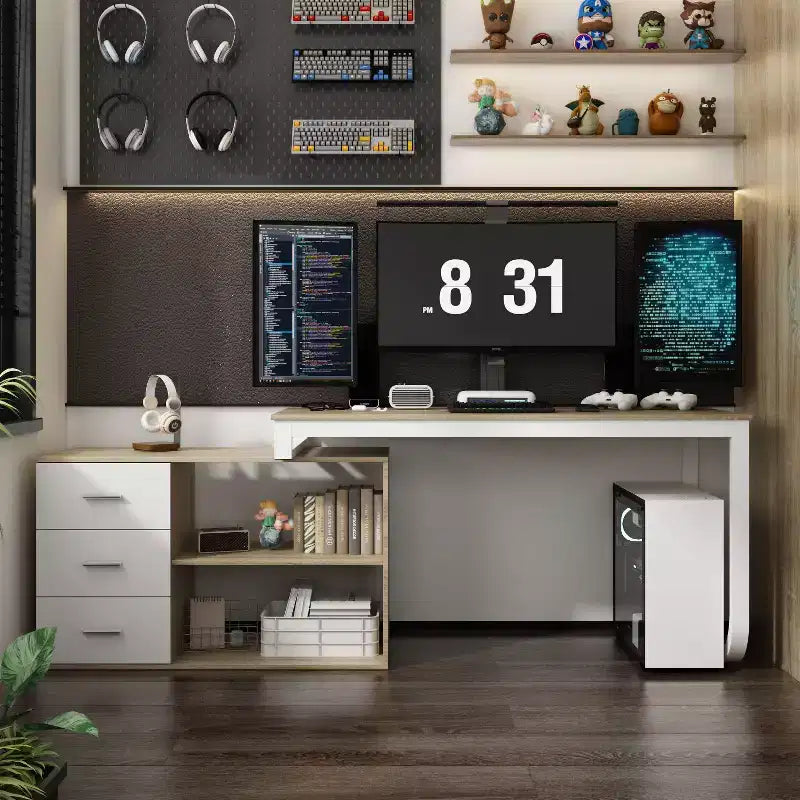 Bureau d'ordinateur à piédestal unique : poste de travail modulaire avec organiseur à 3 tiroirs, étagère ouverte et rangement réglable Bureau d'ordinateur pour la maison