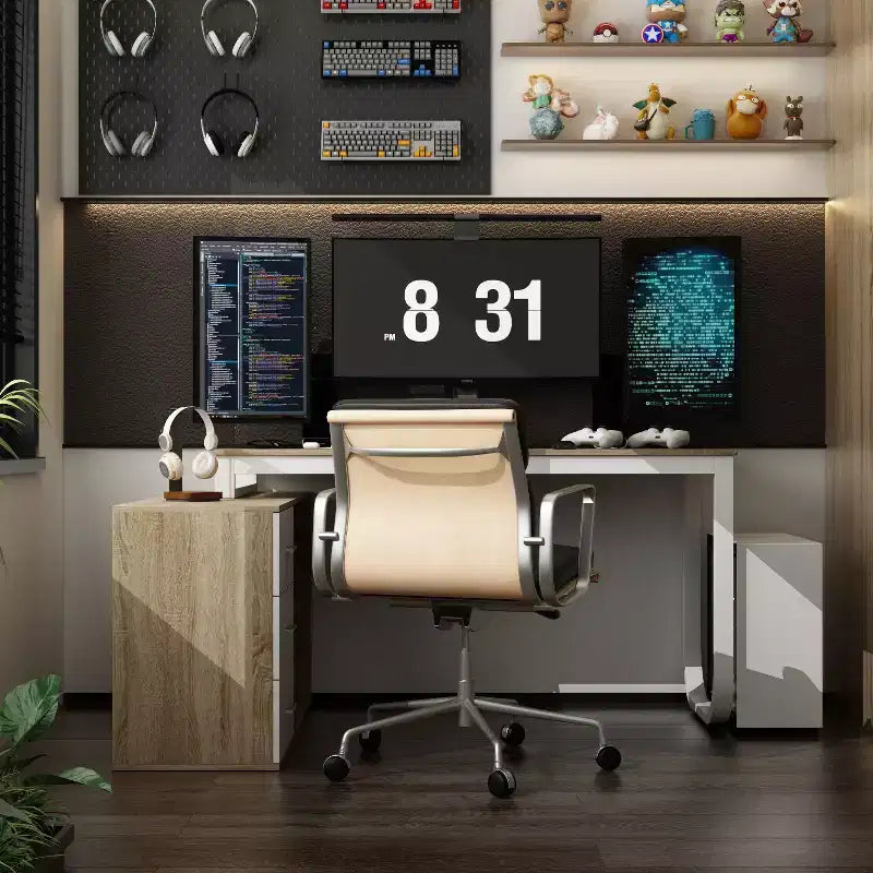 Bureau d'ordinateur à piédestal unique : poste de travail modulaire avec organiseur à 3 tiroirs, étagère ouverte et rangement réglable Bureau d'ordinateur pour la maison