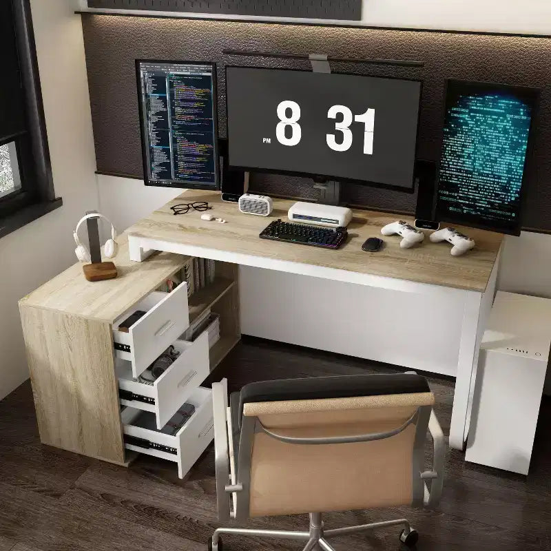 Bureau d'ordinateur à piédestal unique : poste de travail modulaire avec organiseur à 3 tiroirs, étagère ouverte et rangement réglable Bureau d'ordinateur pour la maison