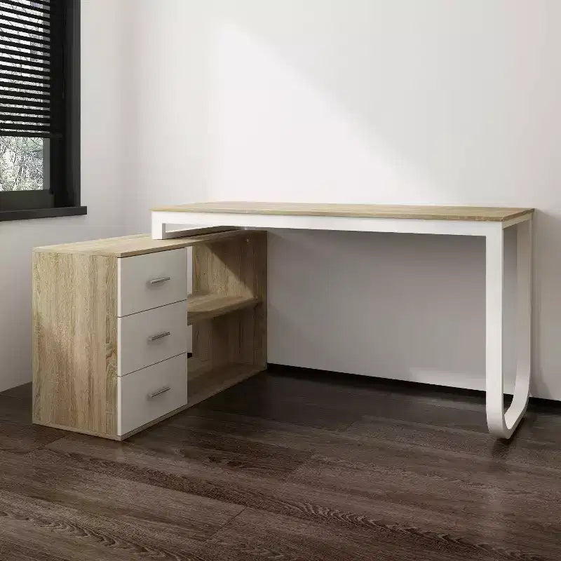 Bureau d'ordinateur à piédestal unique : poste de travail modulaire avec organiseur à 3 tiroirs, étagère ouverte et rangement réglable Bureau d'ordinateur pour la maison