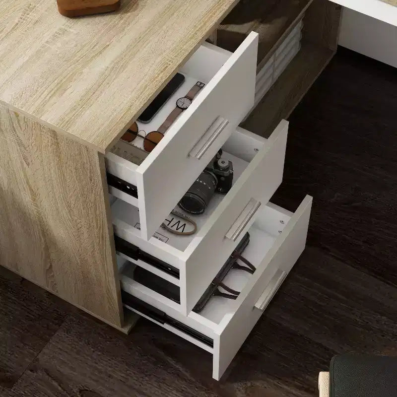 Bureau d'ordinateur à piédestal unique : poste de travail modulaire avec organiseur à 3 tiroirs, étagère ouverte et rangement réglable Bureau d'ordinateur pour la maison