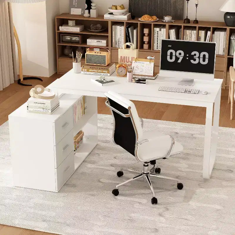 Bureau d'ordinateur à piédestal unique : poste de travail modulaire avec organiseur à 3 tiroirs, étagère ouverte et rangement réglable Bureau d'ordinateur pour la maison
