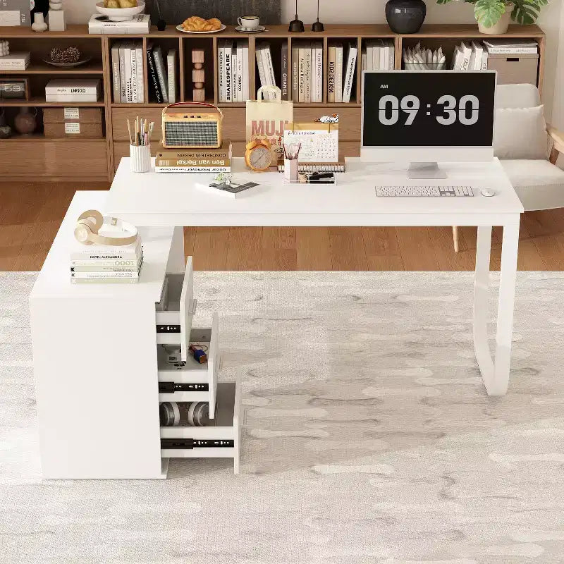 Bureau d'ordinateur à piédestal unique : poste de travail modulaire avec organiseur à 3 tiroirs, étagère ouverte et rangement réglable Bureau d'ordinateur pour la maison
