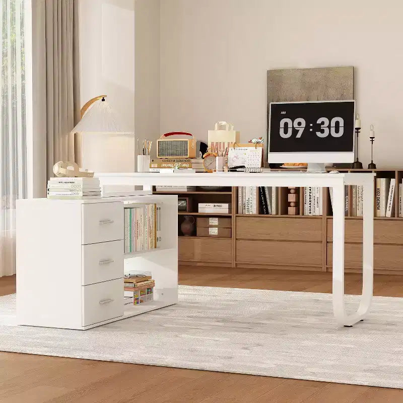 Bureau d'ordinateur à piédestal unique : poste de travail modulaire avec organiseur à 3 tiroirs, étagère ouverte et rangement réglable Bureau d'ordinateur pour la maison