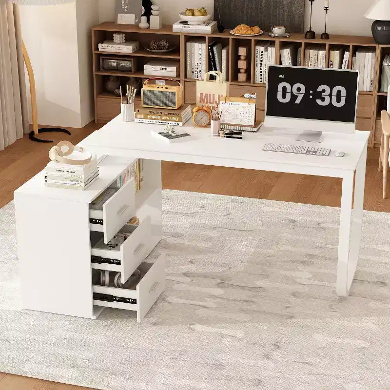 Bureau d'ordinateur à piédestal unique : poste de travail modulaire avec organiseur à 3 tiroirs, étagère ouverte et rangement réglable Bureau d'ordinateur pour la maison