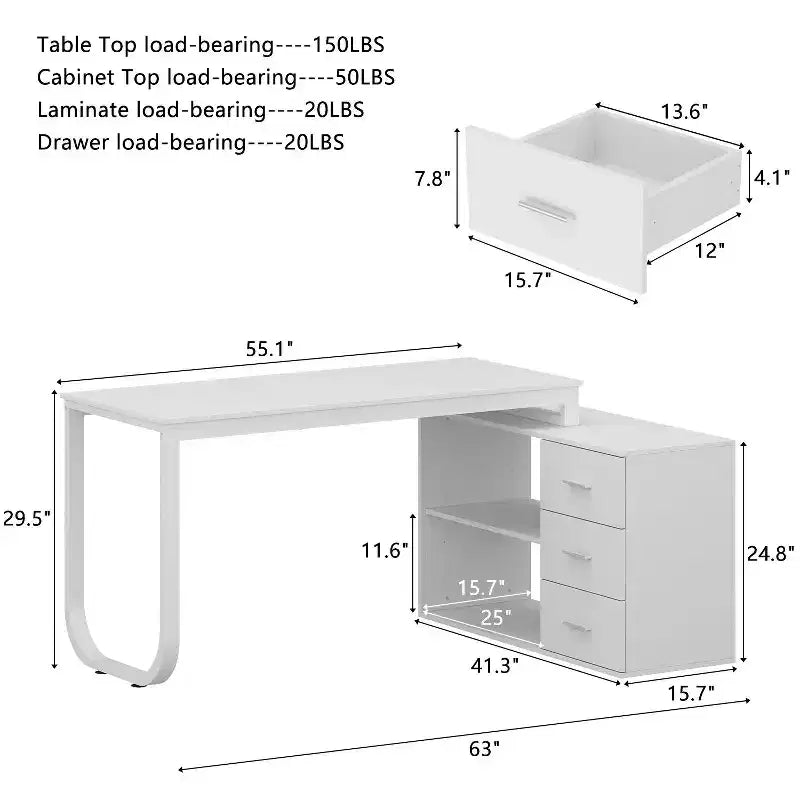 Bureau d'ordinateur à piédestal unique : poste de travail modulaire avec organiseur à 3 tiroirs, étagère ouverte et rangement réglable Bureau d'ordinateur pour la maison