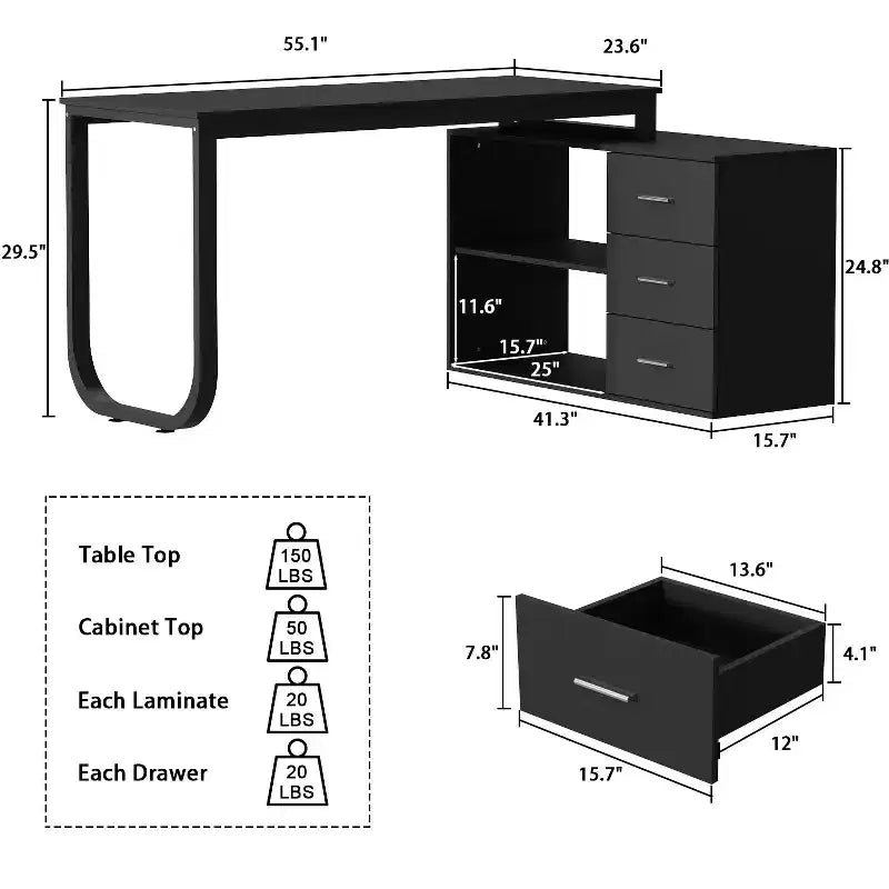 Bureau d'ordinateur à piédestal unique : poste de travail modulaire avec organiseur à 3 tiroirs, étagère ouverte et rangement réglable Bureau d'ordinateur pour la maison