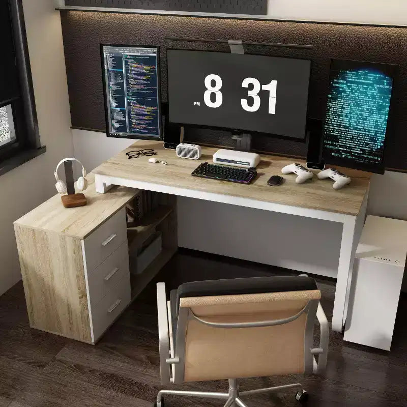 Famapy Single Pedestal Office Desk: Modular Workstation with 3-Drawer Organizer, Open Shelf &amp; Adjustable Storage  Home Office Computer Desk