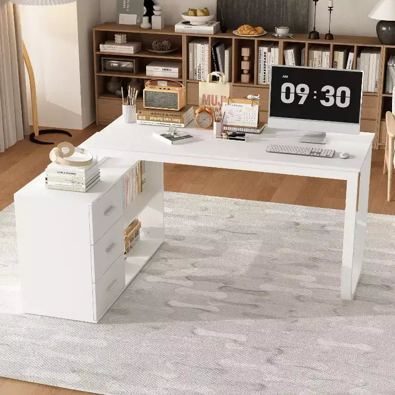 Bureau d'ordinateur à piédestal unique : poste de travail modulaire avec organiseur à 3 tiroirs, étagère ouverte et rangement réglable Bureau d'ordinateur pour la maison