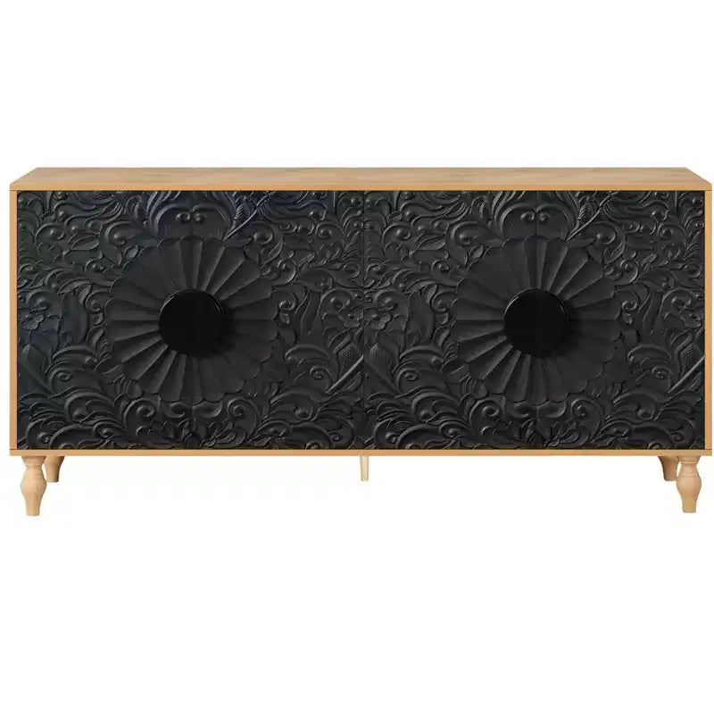 HomeRoots 68 Natural and Black Distressed Carved Floral Sideboard with Four Doors