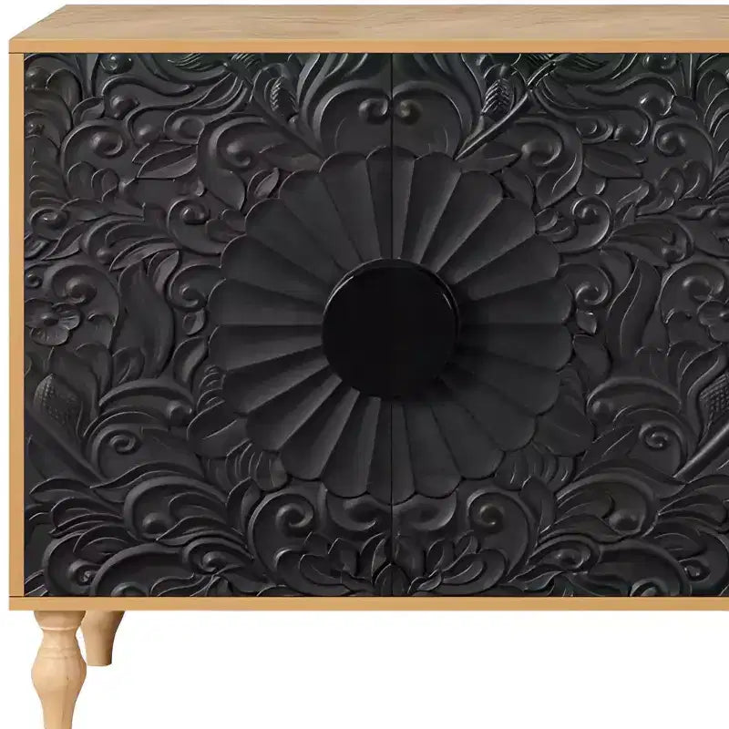 Bahut floral sculpté vieilli naturel et noir à quatre portes