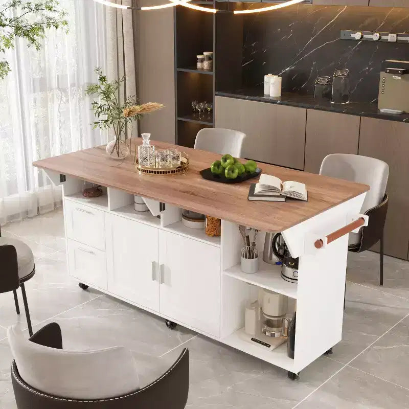 Îlot de cuisine mobile multifonctionnel Table de cuisine à buffet : Plan de travail pliable et multiples espaces de rangement