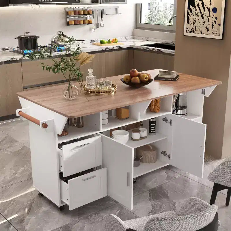 Îlot de cuisine mobile multifonctionnel Table de cuisine à buffet : Plan de travail pliable et multiples espaces de rangement