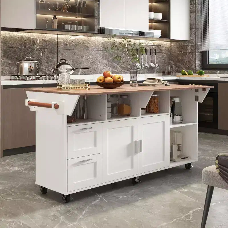 Îlot de cuisine mobile multifonctionnel Table de cuisine à buffet : Plan de travail pliable et multiples espaces de rangement