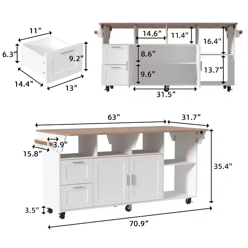 Îlot de cuisine mobile multifonctionnel Table de cuisine à buffet : Plan de travail pliable et multiples espaces de rangement