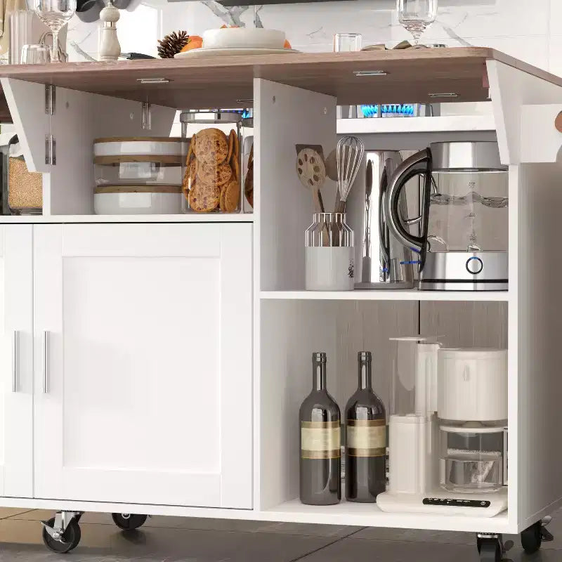 Îlot de cuisine mobile multifonctionnel Table de cuisine à buffet : Plan de travail pliable et multiples espaces de rangement