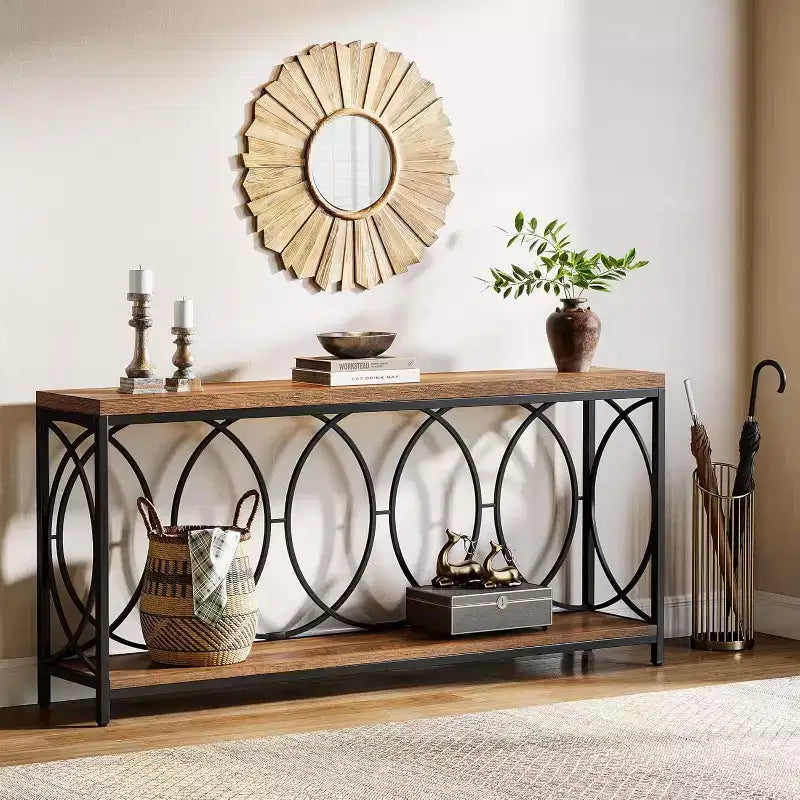 Console extra longue de 70,9 pouces, table de canapé industrielle à 2 niveaux derrière le canapé avec étagère de rangement, console étroite pour le salon