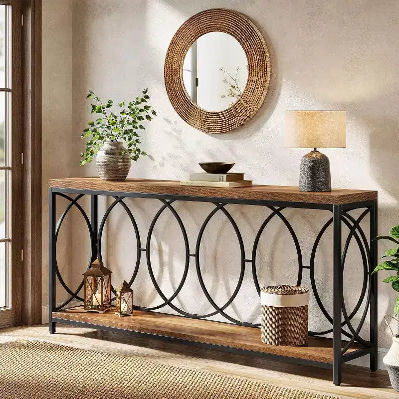 Console extra longue de 70,9 pouces, table de canapé industrielle à 2 niveaux derrière le canapé avec étagère de rangement, console étroite pour le salon