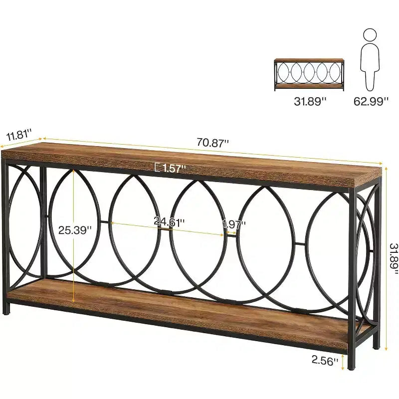 Console extra longue de 70,9 pouces, table de canapé industrielle à 2 niveaux derrière le canapé avec étagère de rangement, console étroite pour le salon