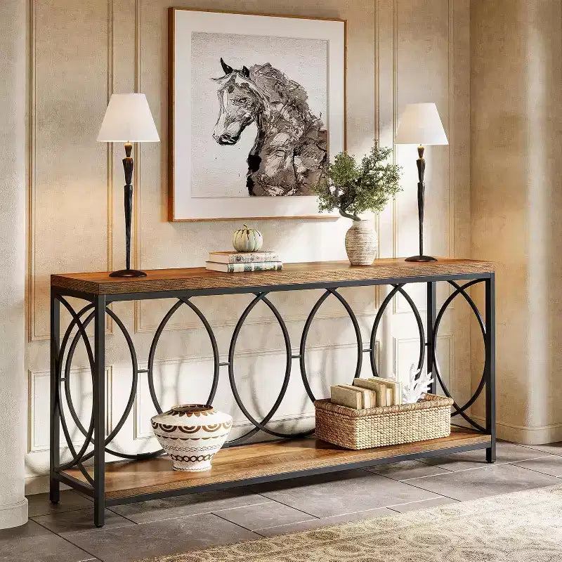 Console extra longue de 70,9 pouces, table de canapé industrielle à 2 niveaux derrière le canapé avec étagère de rangement, console étroite pour le salon