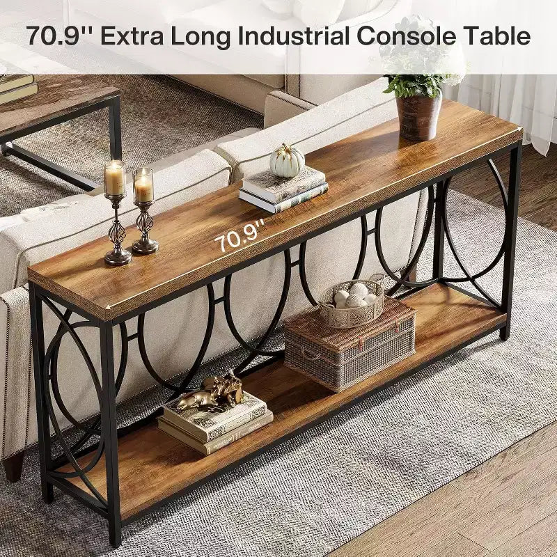 Console extra longue de 70,9 pouces, table de canapé industrielle à 2 niveaux derrière le canapé avec étagère de rangement, console étroite pour le salon