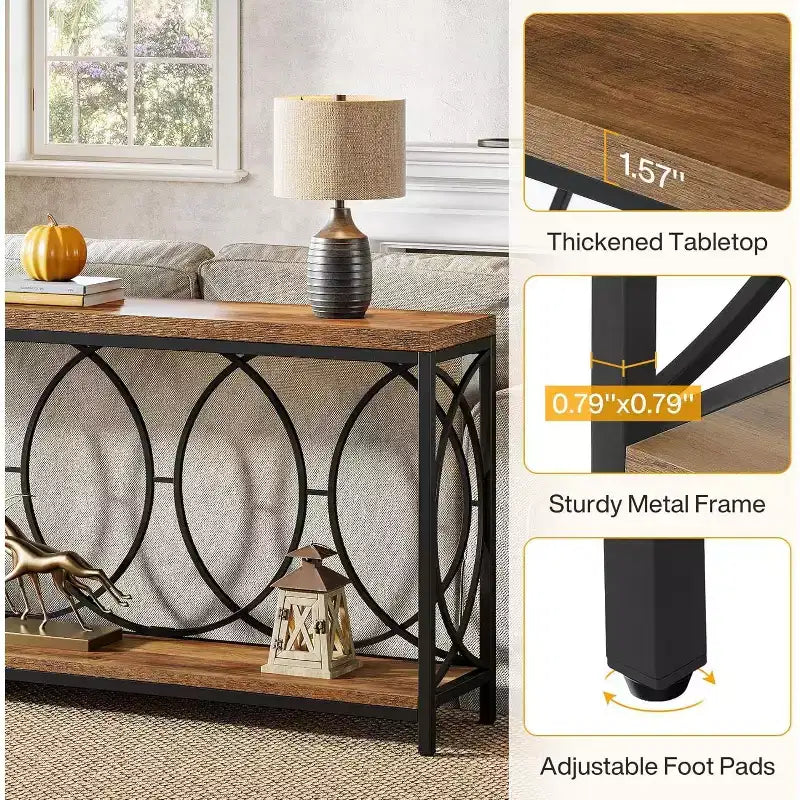 Console extra longue de 70,9 pouces, table de canapé industrielle à 2 niveaux derrière le canapé avec étagère de rangement, console étroite pour le salon