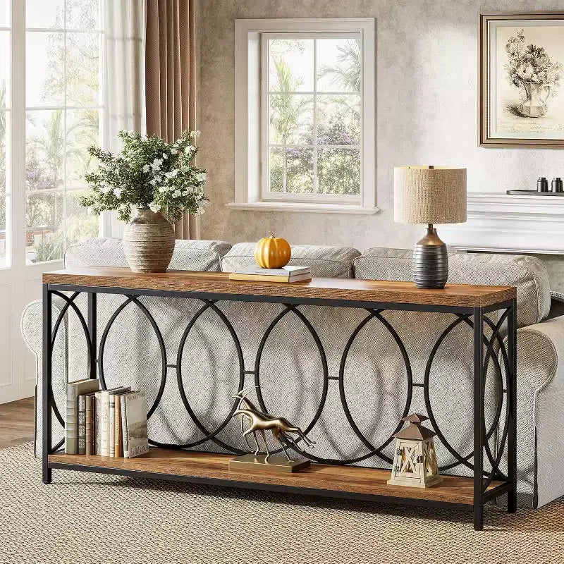 Console extra longue de 70,9 pouces, table de canapé industrielle à 2 niveaux derrière le canapé avec étagère de rangement, console étroite pour le salon