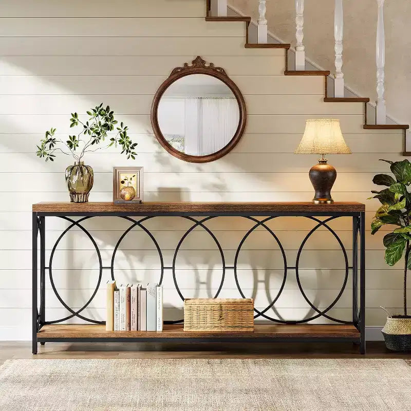 Console extra longue de 70,9 pouces, table de canapé industrielle à 2 niveaux derrière le canapé avec étagère de rangement, console étroite pour le salon