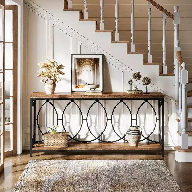 Console extra longue de 70,9 pouces, table de canapé industrielle à 2 niveaux derrière le canapé avec étagère de rangement, console étroite pour le salon