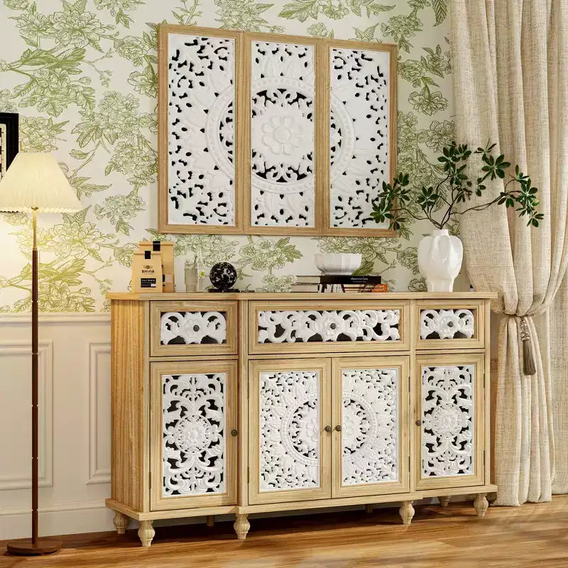 Famapy Bookshelves Display Bookcase Rustic Wood Sideboard Buffet Cabinet with Carved Doors and Bonus Matching Wall Art Dresser Cabinet
