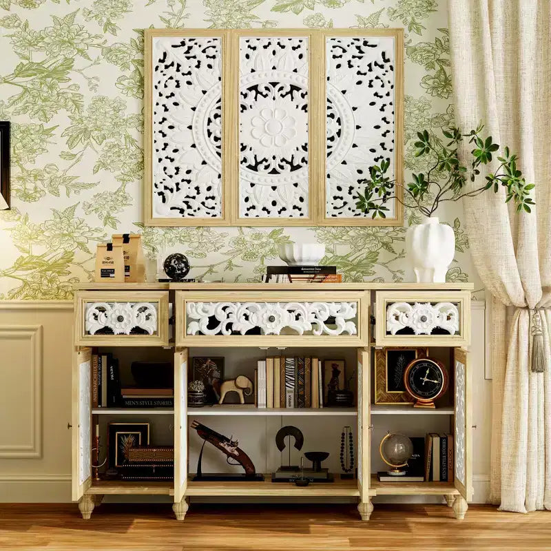 Bibliothèques Présentoir Bibliothèque Buffet en bois rustique avec portes sculptées et bonus : commode murale assortie