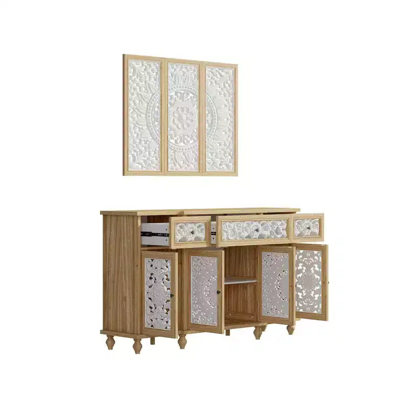 Bibliothèques Présentoir Bibliothèque Buffet en bois rustique avec portes sculptées et bonus : commode murale assortie