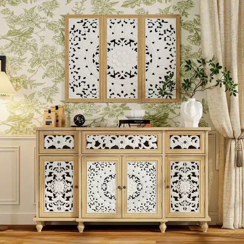 Bibliothèques Présentoir Bibliothèque Buffet en bois rustique avec portes sculptées et bonus : commode murale assortie