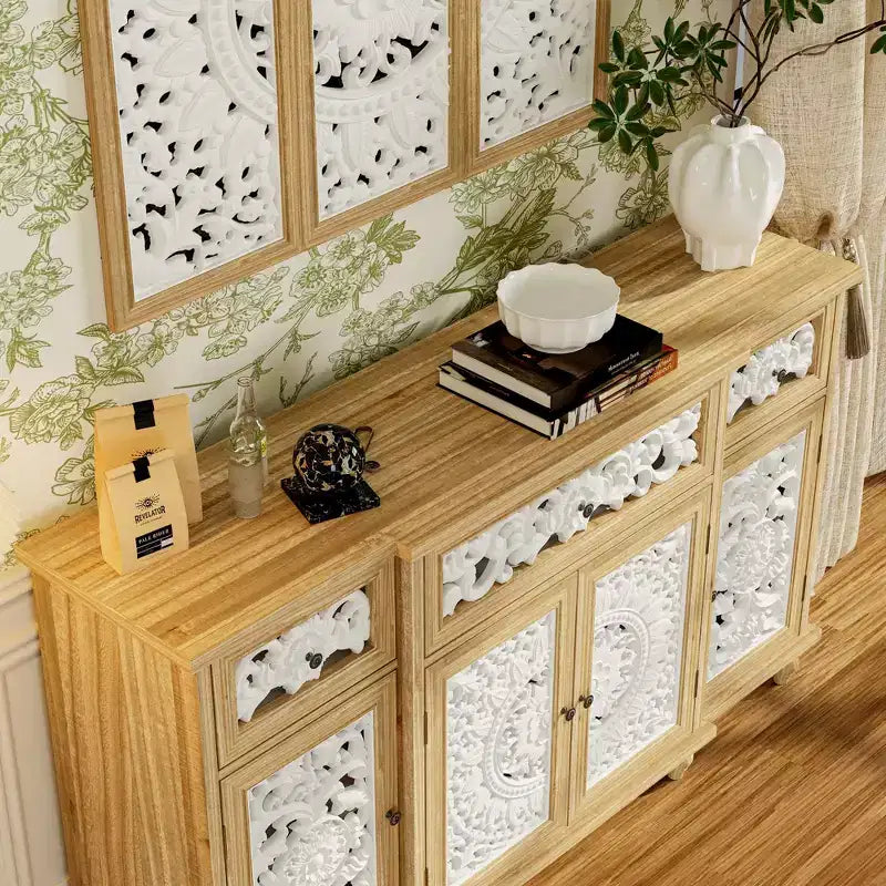 Bibliothèques Présentoir Bibliothèque Buffet en bois rustique avec portes sculptées et bonus : commode murale assortie