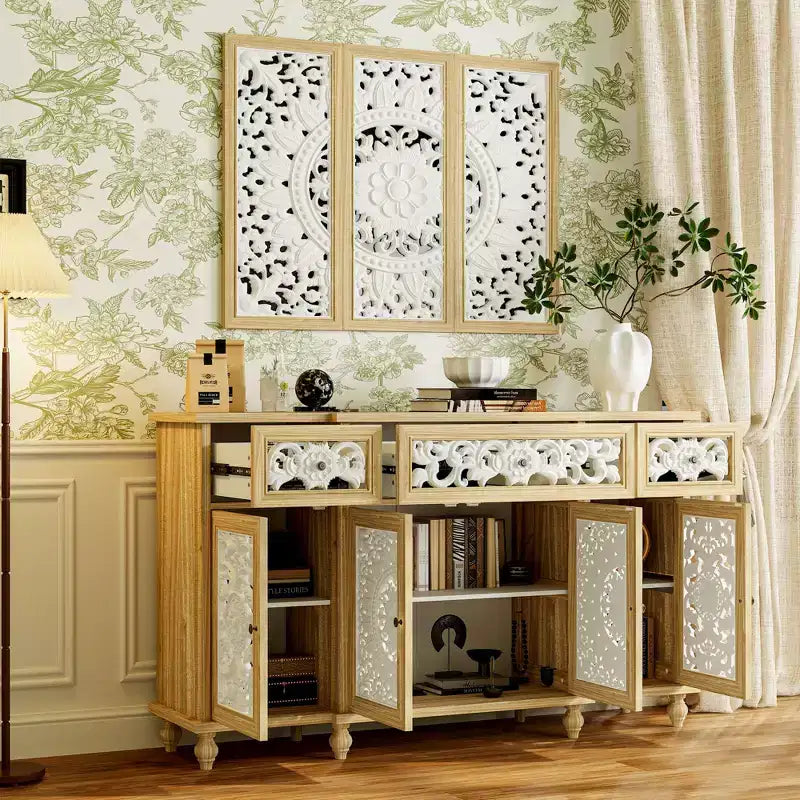 Bibliothèques Présentoir Bibliothèque Buffet en bois rustique avec portes sculptées et bonus : commode murale assortie