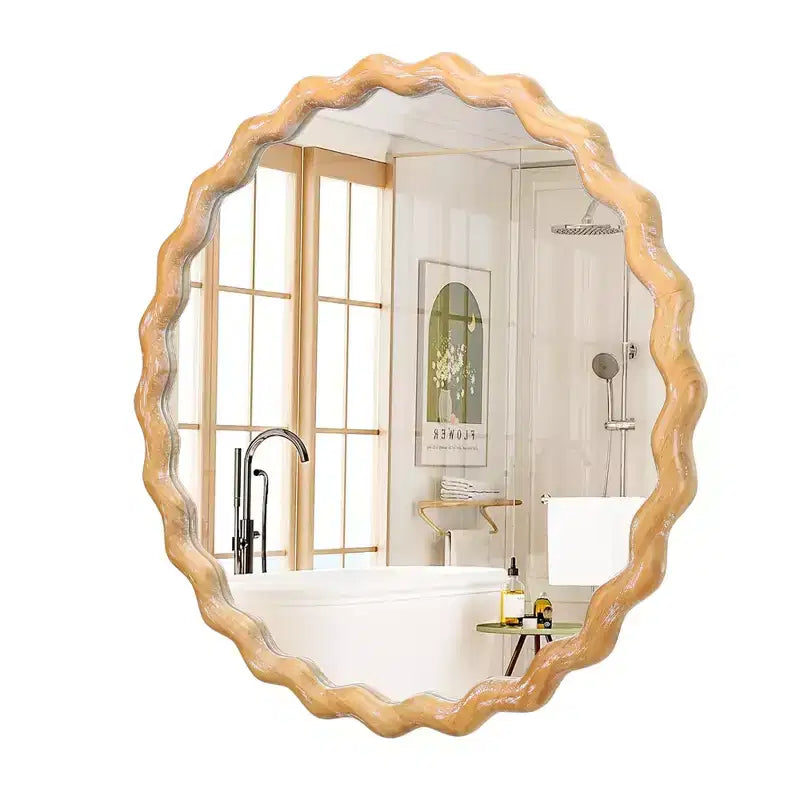MAYEERTY 27.5 Wooden Round Wavy Wall Mirror Whitewash Edge Decorative Mirror for Bathroom Vanity Bedroom Living Room