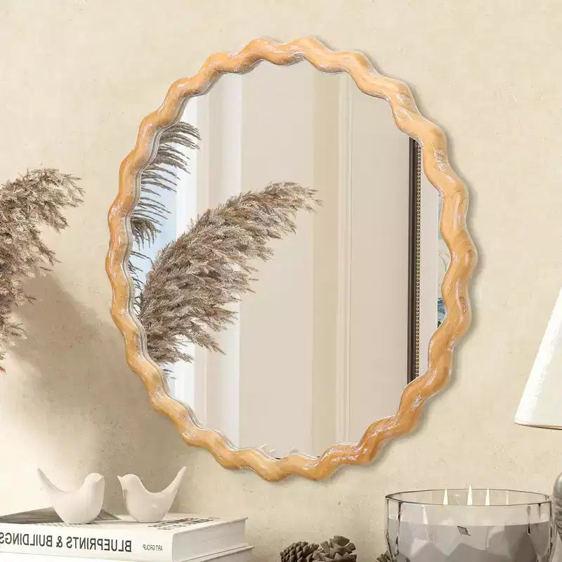 Miroir Mural Rond Ondulé en Bois 27,5 po, Bord Blanchi, Miroir Décoratif pour Coiffeuse de Salle de Bain, Chambre à Coucher, Salon