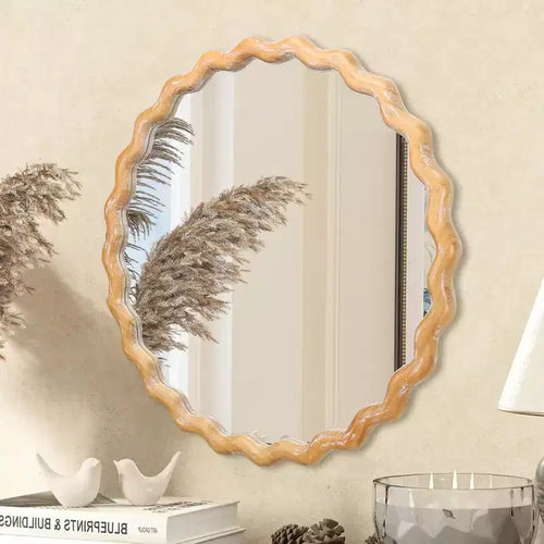 Miroir Mural Rond Ondulé en Bois 27,5 po, Bord Blanchi, Miroir Décoratif pour Coiffeuse de Salle de Bain, Chambre à Coucher, Salon