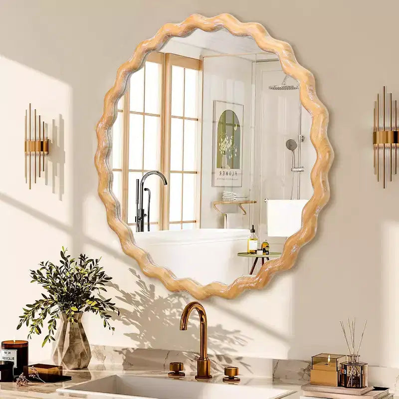 Miroir Mural Rond Ondulé en Bois 27,5 po, Bord Blanchi, Miroir Décoratif pour Coiffeuse de Salle de Bain, Chambre à Coucher, Salon