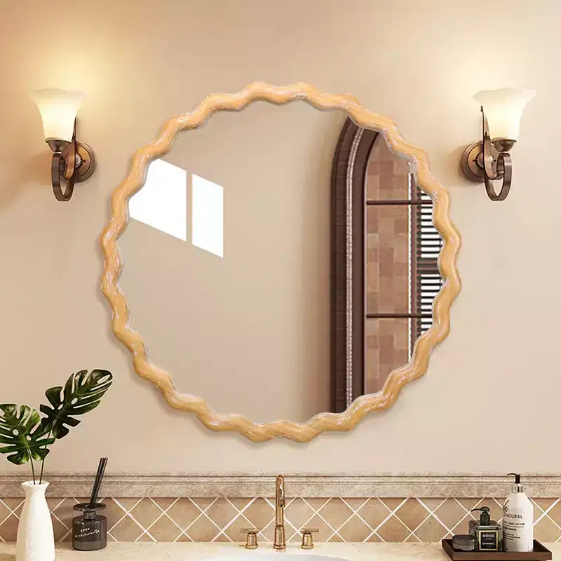 Miroir Mural Rond Ondulé en Bois 27,5 po, Bord Blanchi, Miroir Décoratif pour Coiffeuse de Salle de Bain, Chambre à Coucher, Salon