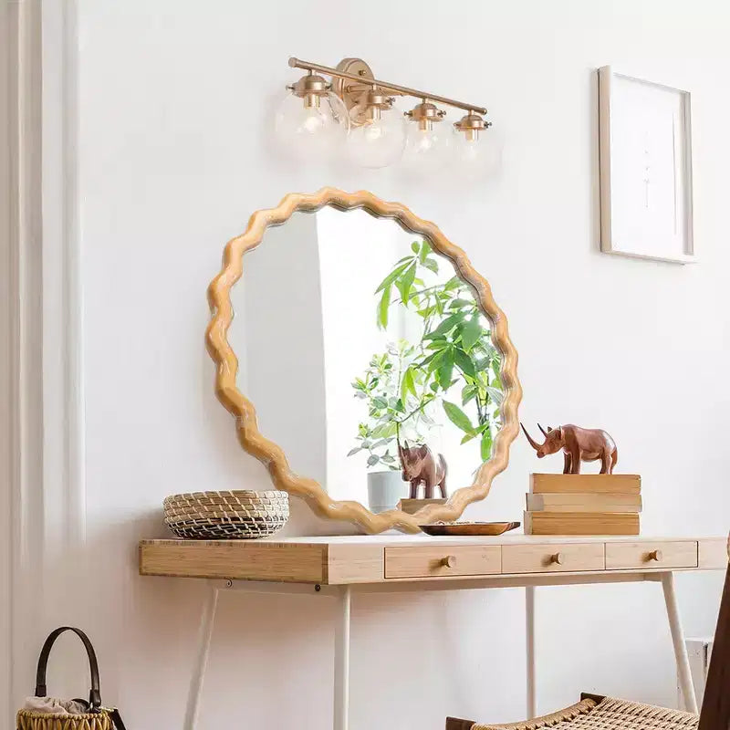 Miroir Mural Rond Ondulé en Bois 27,5 po, Bord Blanchi, Miroir Décoratif pour Coiffeuse de Salle de Bain, Chambre à Coucher, Salon