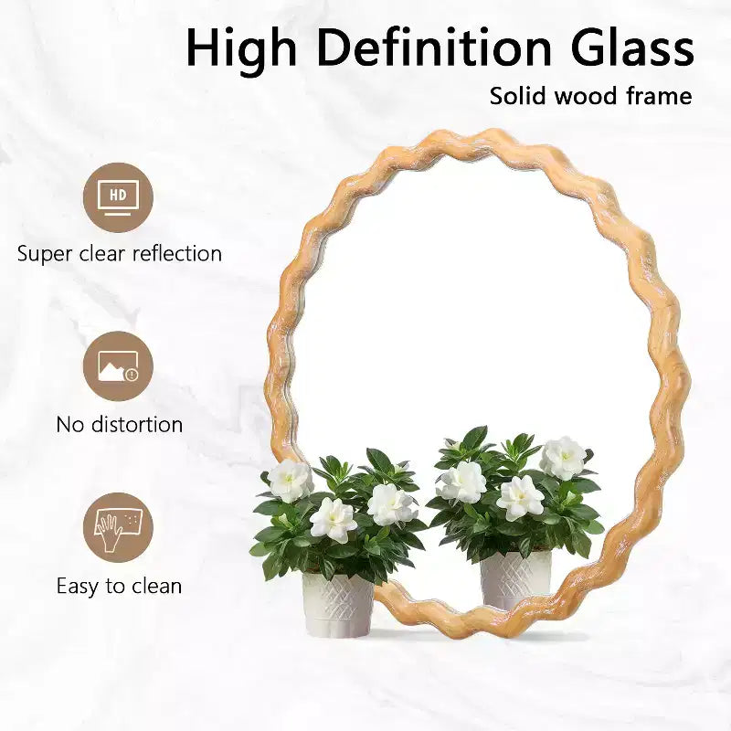Miroir Mural Rond Ondulé en Bois 27,5 po, Bord Blanchi, Miroir Décoratif pour Coiffeuse de Salle de Bain, Chambre à Coucher, Salon