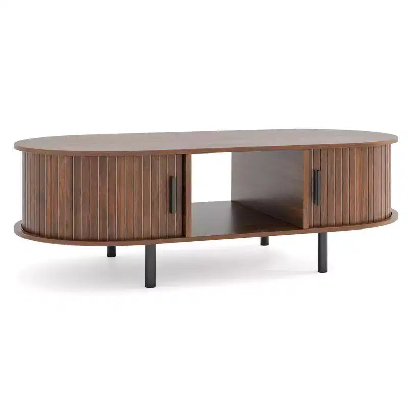 Costway 48 Mid Century Center Table with Sliding Fluted Doors &amp; Open Compartment